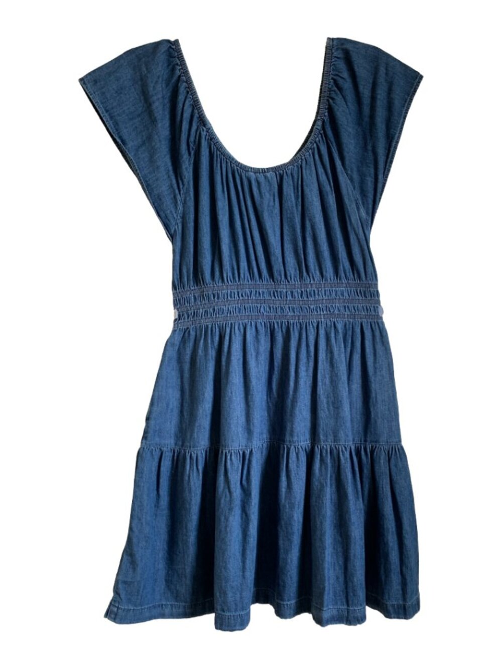 NWT GAP Denim Short Flutter Sleeve Tiered Round Neck Mini Dress w. Pockets Sz L - Picture 8 of 10
